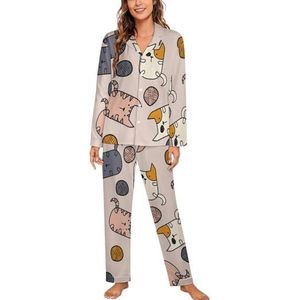 Katten liggen op een roze met draad ballen vrouwen lange mouw button down nachtkleding zachte nachtkleding lounge pyjama set S