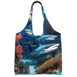 XIAOYANS Submarine Shark Coral Extra Grote Capaciteit Schouder Canvas Tas Voor Winkelen Reizen Dagelijks Gebruik, Zwart, Eén maat