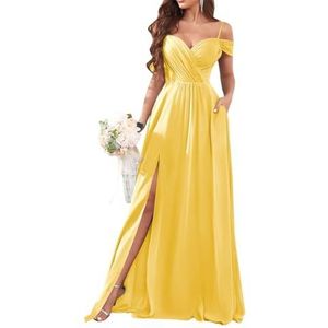 Dames chiffon bruidsmeisjes jurken met split lange galajurken ruches cocktailjurk plus size, Geel, 32