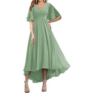 WSEYU Korte Mouw Moeder Van De Bruid Bruidegom Jurken Chiffon Kralen Formele Avond Grootmoeder Jurken Thee Lengte ZM194, Sage Groen, 32