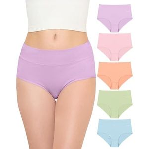 TANSTC Onderbroeken voor dames, set van 5 stuks, stretch, katoen, hoge taille, ademend, zacht, vrouwenondergoed, lichtblauw+knalgroen, lichtroze, zalmroze, lichtpaars, S