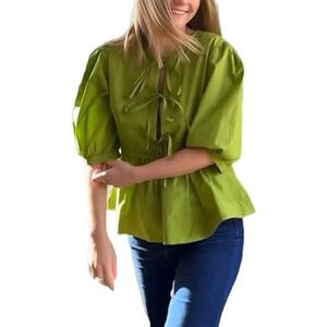 Vrouwen Tie Front Tops Puff Sleeve Babydoll Shirts Y2K Leuke Ruffle Peplum Uitgaan Top Blouse Trendy Kleding (Color : Green B, Size : Small)