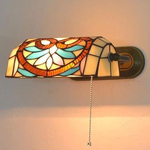Tiffany Stijl Wandlamp Met Uittrekbare Schakelaar, Mediterrane Landelijke Bankier's Lamp, Met Gekleurde Glazen Lampenkap, E27 Retro Wandlamp