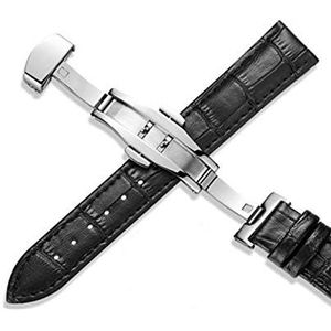 Armband van echt leer, 12-24 mm, stalen band met vlindergesp, stalen armband met gesp 22 mm, horlogeband, zilverzwart, 18mm, Armband