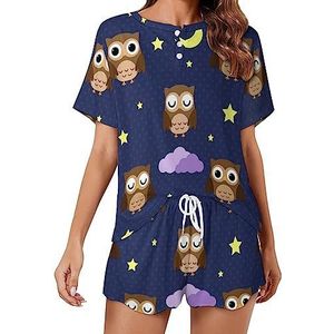 Uilen met sterren maan mode 2 stuks dames pyjama sets korte mouw nachtkleding zachte loungewear stijl-42