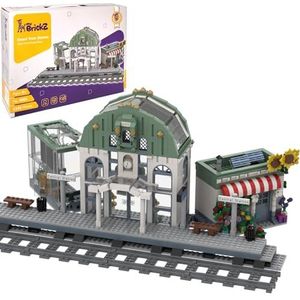 my BrickZ Set 0001 groot station voor trein met bloemenwinkel, 1.120 bouwstenen incl. 4 rails, huis, klembouwstenen compatibel met Lego® Bricks bouwspeelgoed architectuur stad stad
