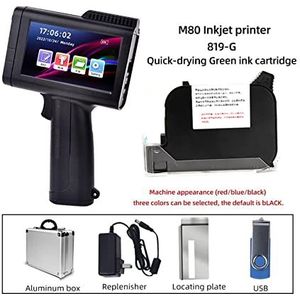 Mini Inkjet Printer English Portable Small Label Handheld Inkjet Printer Production Date QR Code Batch Number Logo HD Printing Fadeless Fast Drying instelbare afdrukhoogte(Printer - Green Ink)