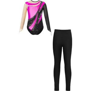 NUOYIXUAN Gymnastiekpak met lange mouwen, klassieke dansbody, balkledingset, strass-kunstschaats-body voor meisjes (roze, 14)