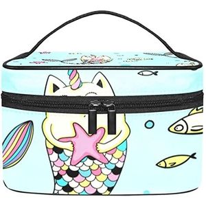 Eenhoorn Ruimte Make-up Tas Voor Vrouwen Meisjes Cosmetische Tassen Met Handvat Reizen Make-up Organizer Tas, Kat zeemeermin blauw, 8.9x5.9x5.4 Inches, Make-up Pouch