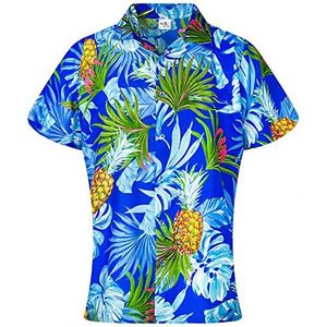 King Kameha Funky hawaïhemd voor dames, met korte mouwen en borstzak, hawaïprint met ananas en bladeren, L