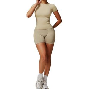 Women 2 Piece Workout Short Sleeve Crop Top with High Waisted Running Shorts Sets Activewear (Size:XL,Color:Almond 1)
