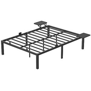 VASAGLE Bedframe 190 x 140 cm met metalen lattenbodem, metalen frame met opbergplanken, hoofdeinde, voor jongeren, eenvoudige montage, klassiek zwart RMB093B01