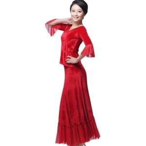 Yhsgscr Ballroomdans splitset voor volwassenen Fluwelen moderne dansoutfit Banketdanskleding Nationale standaard oefenjurk voor dames Tango walsset met lange mouwen,Rood,3XL