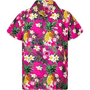 King Kameha Funky Hawaïhemd voor kinderen, jongens en meisjes, korte mouwen, borstzakje, Hawaii-print, uniseks, ananas, bladeren patroon, Kids Pineapple Flowers Pink, 6 Jaar