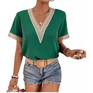 2024 zomer dames chiffon tops met korte mouwen V-hals gewatteerd kanten damesshirt tops uitgeholde kleding, tuniekshirt met korte mouwen en oogjes(Color:Green,Size:XL)
