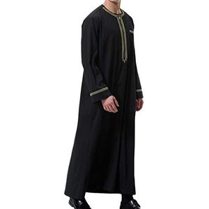 Kaftan voor heren, moslims, met ronde hals, lange mouwen, retro tuniek, zwart, M