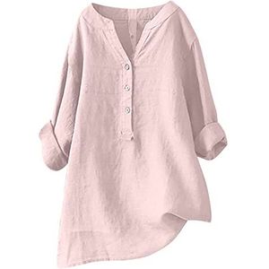 Vrouwen Knop V-hals Tops Solid Henley Shirts Zomer Casual Lange Mouw Blouse Plus Size Tops S-5XL Vakantie Dagelijkse Verkoop, Mode Dames Tops UK, roze, 4XL