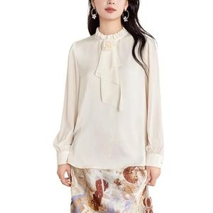ROUZIHU Gerimpeld Chiffon Shirt Professioneel Commuter Pullover Shirt Lange Mouw Dames Shirt(Beige,XXL)