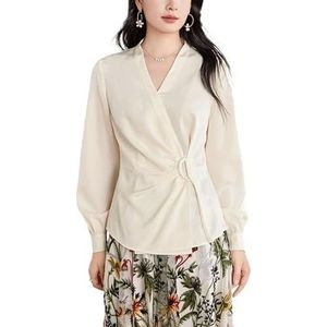 ROUZIHU Dames Shirt Taille Slim Fit Chiffon Shirt Top V-hals Lange Mouw Professioneel Shirt(Beige,XXL)