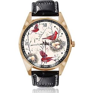 Zorgvuldige Vogel Moeder Polshorloge Analoge Quartz Gouden Wijzerplaat Klassieke LeatherBand Vrouwen Herenhorloge, Goud, 1.6""x1.6""x0.15"" inch, riem