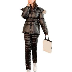 Winterskipak for Dames, Waterdicht, Geïsoleerd Sneeuwpak Met Bontkraag, Capuchon, Jas en Broek(Black,XXL)