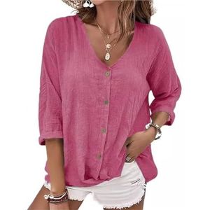 Loose V-neck Pullover Women's Shirt Summer Short Sleeve Tees Basic Tops Ladies Casual Cotton Linen Jumpers T Shirts Plus Size Classic Fashion Plain Button Knit Lightweight Blouse(Pink,M)