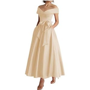 WSEYU Off Shoulder Moeder van De Bruid Bruidegom Jurken Satijn Boog Formele Avond Grootmoeder Jurken Thee Lengte ZM289, Champagne, 32
