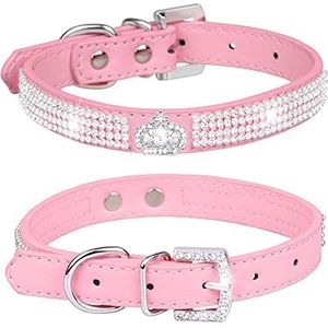 haoyueer Leuke oogverblindende sprankelende elegante chique PU lederen Bling strass kristal juwelen huisdier kat hond puppy kraag... (M, roze-1)