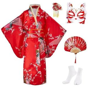 KRUIHAN Yukata Kimono, vintage vintage meisjeskimono, traditionele kleding, zijden stof, robe, bruiloftskleding, party, performance jurk, rood, 140