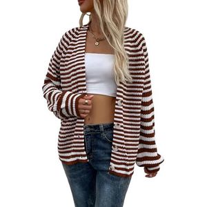 OonMan dames vest knoop gebreid vest gestreepte V-hals lantaarn mouw trui vrouwen-rood bruin-L