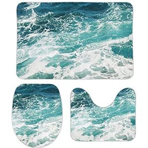 Blue Ocean Waves badkamertapijten set 3 stuks antislip badmatten wasbare douchematten vloermat sets 39,9 cm x 59,9 cm