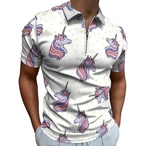Kleurrijke Eenhoorn Hoofden Polo Shirt voor Mannen Casual Rits Kraag T-shirts Golf Tops Slim Fit