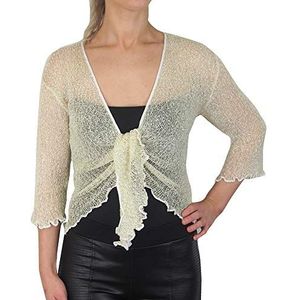 Mimosa Damesvest, gehaakt, glitter of effen, elastisch, kant, visnet, omslagdoek, open vest, maat 34-58, Wit/Goud, Eén Maat