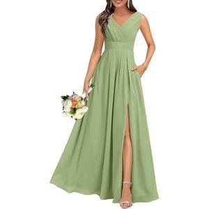 Chiffon bruidsmeisjesjurken voor dames, voor bruiloft, met split, cocktailjurk, avondjurk, baljurk, grote maten, Stoffige Salie, 32