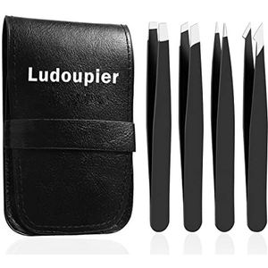 RoosterCo Wenkbrauw Pincet Set met Travel Case,4-delige dagelijkse schoonheidsgereedschap voor ontharing, beste precisie (zwart)