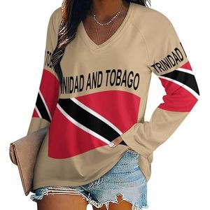 Vlag van Trinidad en Tobago dames casual T-shirts met lange mouwen V-hals bedrukte grafische blouses T-shirt tops 5XL