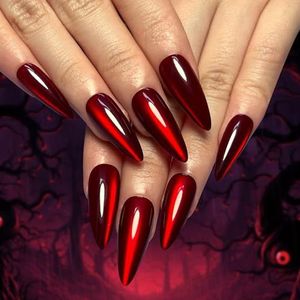 MouyouGlow Stiletto, press-on nagels, extreem lang, stiletto, Halloween, kat, oog, wijnrood, effen, magnetische kunstnagels met nagellijm, donkerrode kunstnagels