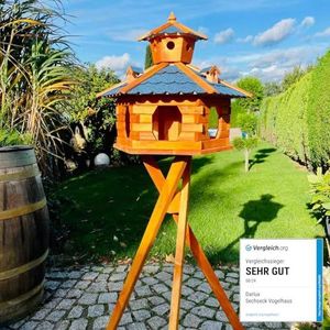 DARLUX Met de hand gemaakt zeshoekig vogelhuis van hout, weerbestendig, M-XL, met en zonder standaard, voederhuis, maat XXL, met standaard, blauw-bruin