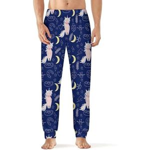 Eenhoorn at Night heren pyjama broek met zakken nachtkleding print zachte lounge blauw