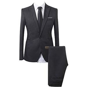 Heren 2-delig slim fit business casual pak jas broek, zwart, M