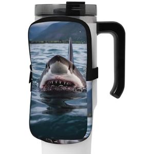 OUSIKA Shark in The Lake Print Waterfles Pouch Tumbler Pouch Bag Handheld Sport Drinkfles Accessoires Tas Rits Pouch Riemtas voor Mannen Vrouwen, Zwart, M