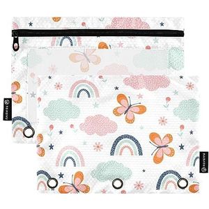 FRODOTGV Leuke vlinder regenboog potlood zakjes voor 3 ringen bindmiddel transparante map zakken rits 3 gat binder 2 pack etui