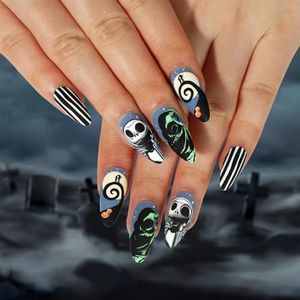 Franse kunstnagels - 24 stuks vierkante Franse nepnagels met lijm - patroon - Franse nageltips met nagellijm voor vrouwen meisjes nail art blauwe matte schedel spin
