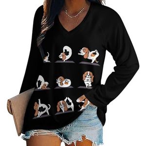 Grappige Basset Hound Yoga Vrouwen Casual Lange Mouw T-shirts V-hals Gedrukt Grafische Blouses Tee Tops L