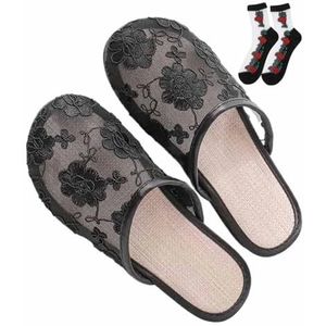 Chinese mesh pantoffels for dames, bloemen, ademend mesh, Chinese sandaalpantoffels met sokken(Color:Black,Size:38 EU)