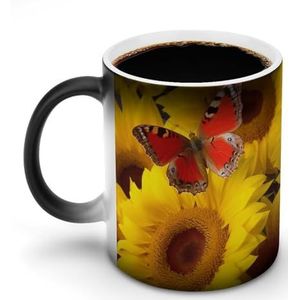 JTKLQBN 12oz Warmtegevoelige Magische Koffie Mok Gele Zonnebloemen met Rode Vlinder Gedrukt Verkleuring Mokken Keramische Koffiekopjes met Handvat Grappige Mokken voor Soep Thee Melk Latte Hot Cacao