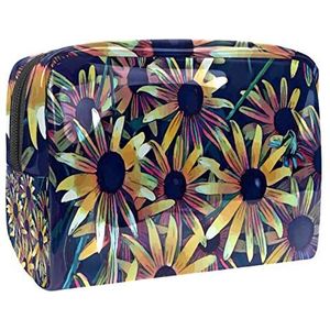 Make-uptas PVC toilettas met ritssluiting waterdichte cosmetische tas met lente bloemen gele donkerblauwe achtergrond voor vrouwen en meisjes