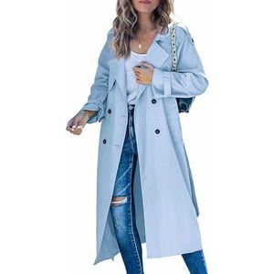 LAZIRO Trenchcoat voor dames, herfst en winter, effen kleur, lange mouwen, revers, ongedwongen, elegante jas met zakken en dubbele knopen, Hemelsblauw, XXL