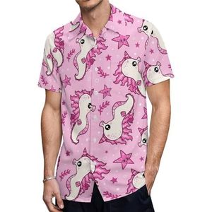 Roze Zeepaardjes Eenhoorn Heren Korte Mouw Shirts Casual Button-down Tops T-shirts Hawaiiaanse Strand Tees 2XS