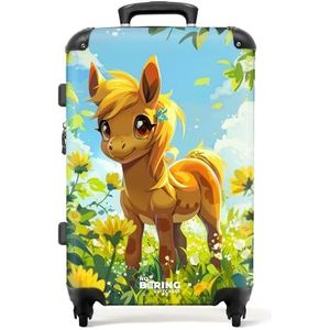 NoBoringSuitcases.com © Reiskoffer Harde koffer Trolley Kinderkoffer Grote koffer Reiskoffer met 4 wielen, TSA-slot (Bruine pony tussen gele bloemen), (Middelgroot 67x43x25 cm)